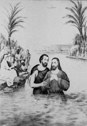 The Baptism of Jesus Christ in river with others.